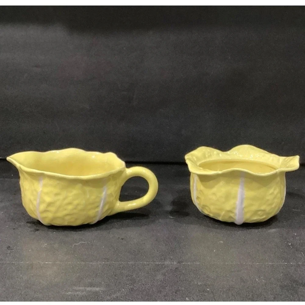 Secla Yellow Cabbage Sugar Bowl & Creamer, Vintage Portugal Majolica Tableware